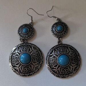 Turquoise And Pewter Earrings Dangle Bohemian 2.5" Whimsigoth EUC